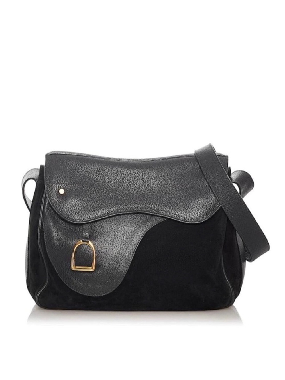 GUCCI Vintage Stirrup Saddle Bag Black Leather Suede Crossbody